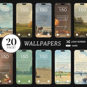 Può includere: Un set di 20 sfondi per telefono che presentano vari dipinti con versetti biblici ispiratori e l'ora 1:50. Il testo "20 PACK!" e "WALLPAPERS" è incluso anche nell'immagine.