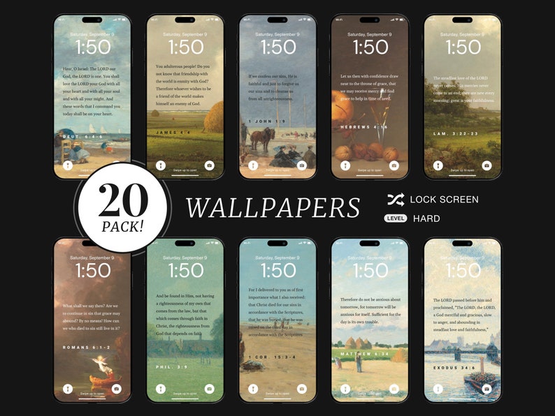 Pu&ograve; includere: Un set di 20 sfondi per telefono che presentano vari dipinti con versetti biblici ispiratori e l'ora 1:50. Il testo "20 PACK!" e "WALLPAPERS" &egrave; incluso anche nell'immagine.