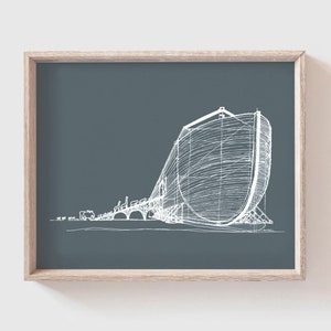 May include: A line drawing of a building with a curved roof, rendered in white on a dark blue background. The building is depicted in a minimalist style, with simple lines and details.