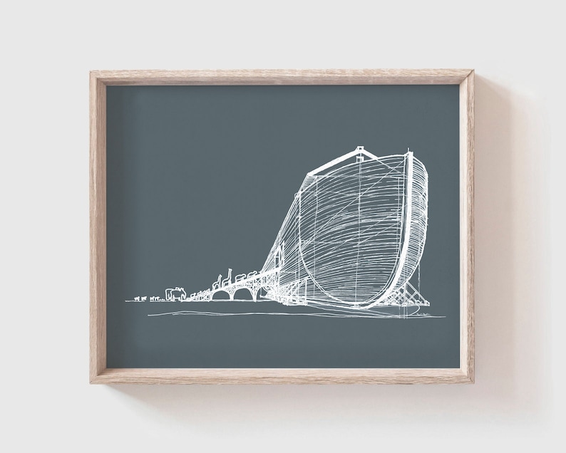 May include: A line drawing of a building with a curved roof, rendered in white on a dark blue background. The building is depicted in a minimalist style, with simple lines and details.