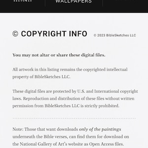 Pu&ograve; includere: Un'immagine in bianco e nero con testo, con il titolo "COPYRIGHT INFO" e il testo "Non &egrave; consentito modificare o condividere questi file digitali. Tutte le opere d'arte in questo elenco rimangono di propriet&agrave; intellettuale protetta da copyright di BibleSketches LLC. Questi file digitali sono protetti dalle leggi sul copyright statunitensi e internazionali. La riproduzione e la distribuzione di questi file senza l'autorizzazione scritta di BibleSketches LLC &egrave; severamente vietata. Nota: Coloro che desiderano scaricare solo i dipinti sotto i versi biblici, possono trovarli per il download sul sito web della National Gallery of Art come file di accesso aperto."