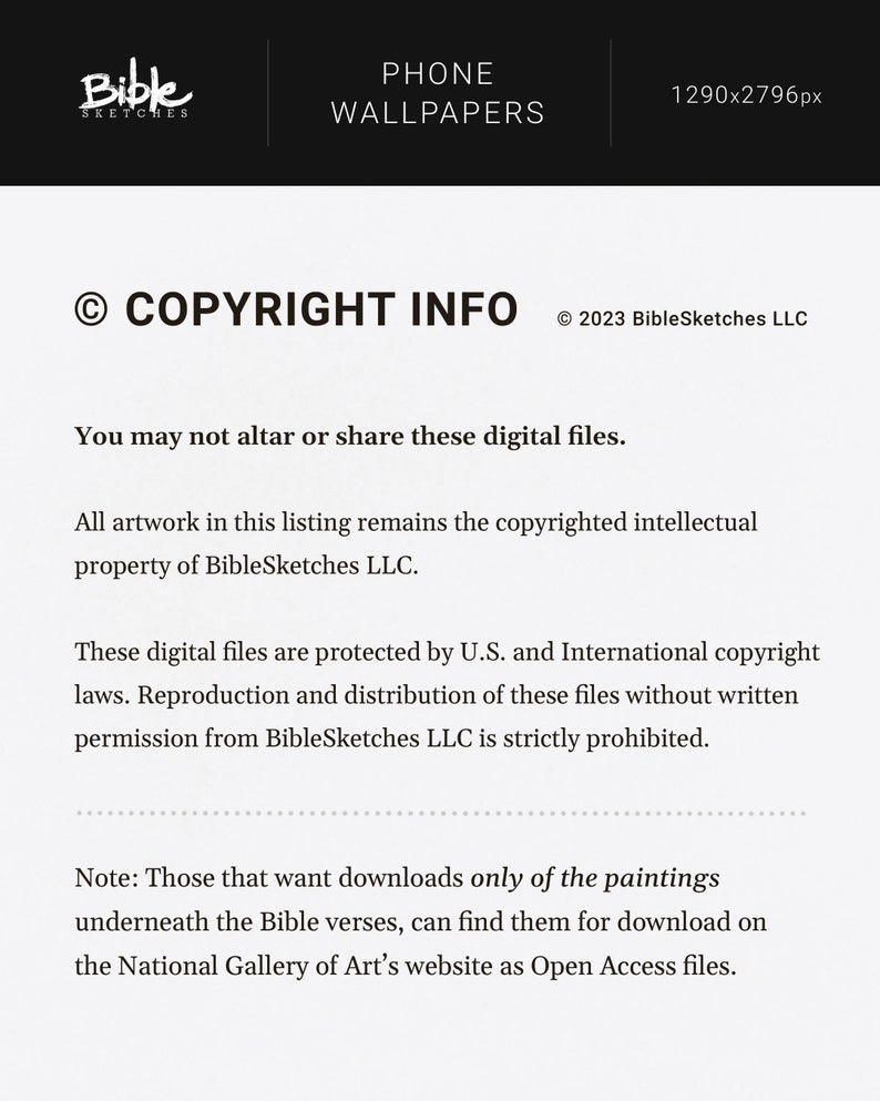 Pu&ograve; includere: Un'immagine in bianco e nero con testo, con il titolo "COPYRIGHT INFO" e il testo "Non &egrave; consentito modificare o condividere questi file digitali. Tutte le opere d'arte in questo elenco rimangono di propriet&agrave; intellettuale protetta da copyright di BibleSketches LLC. Questi file digitali sono protetti dalle leggi sul copyright statunitensi e internazionali. La riproduzione e la distribuzione di questi file senza l'autorizzazione scritta di BibleSketches LLC &egrave; severamente vietata. Nota: Coloro che desiderano scaricare solo i dipinti sotto i versi biblici, possono trovarli per il download sul sito web della National Gallery of Art come file di accesso aperto."