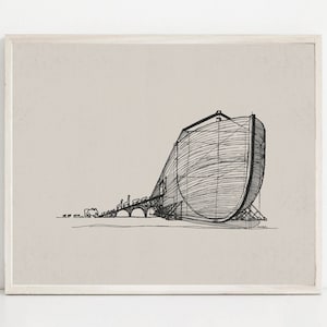 May include: A black and white line drawing of a large boat, possibly a replica of Noah's Ark, with a long, narrow hull and a rounded bow. The boat is depicted on a beige background.