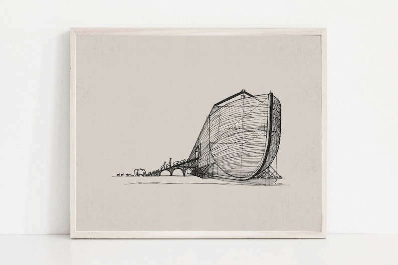 May include: A black and white line drawing of a large boat, possibly a replica of Noah's Ark, with a long, narrow hull and a rounded bow. The boat is depicted on a beige background.