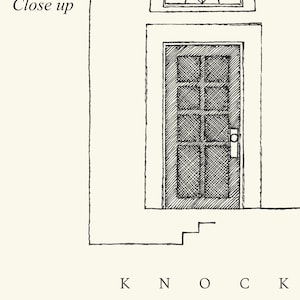 Puede incluir: Un boceto en blanco y negro de una puerta con una peque&ntilde;a ventana arqueada encima. La palabra "Close up" est&aacute; en la esquina superior izquierda. La palabra "KNOCK" est&aacute; escrita en la parte inferior.