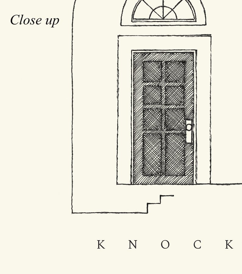 Puede incluir: Un boceto en blanco y negro de una puerta con una peque&ntilde;a ventana arqueada encima. La palabra "Close up" est&aacute; en la esquina superior izquierda. La palabra "KNOCK" est&aacute; escrita en la parte inferior.