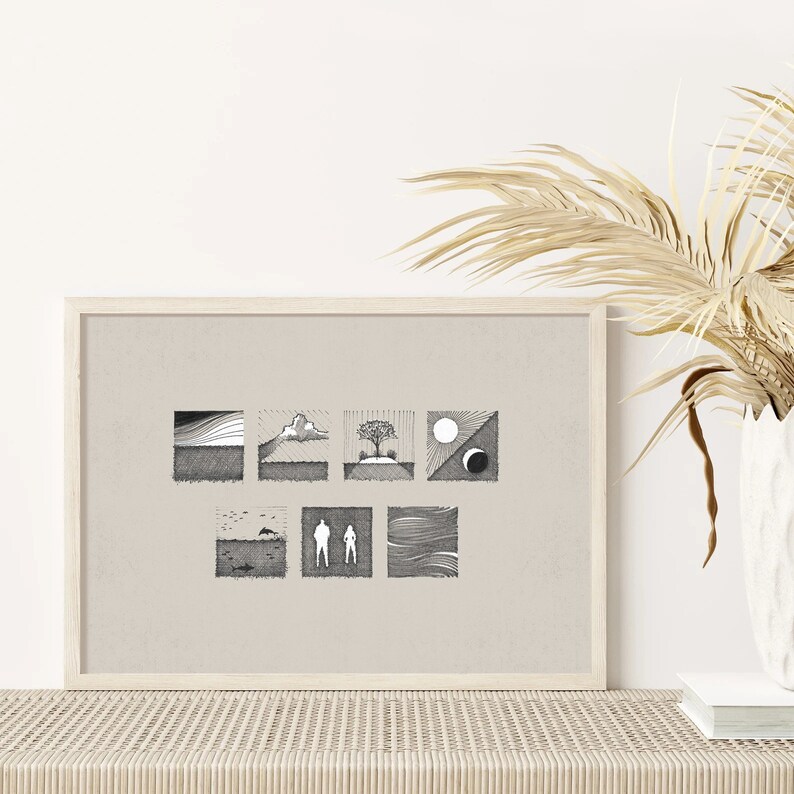May include: A framed black and white line art print of a series of nine squares depicting different scenes, including a cloud, a tree, a sun and moon, a bird, two figures, and a wave. The print is on a beige background and is framed in a light wood frame.