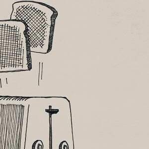 Puede incluir: Una ilustraci&oacute;n dibujada a mano de una tostadora con dos rebanadas de pan que salen disparadas. La tostadora tiene una palanca y dos botones. El pan est&aacute; a cuadros.