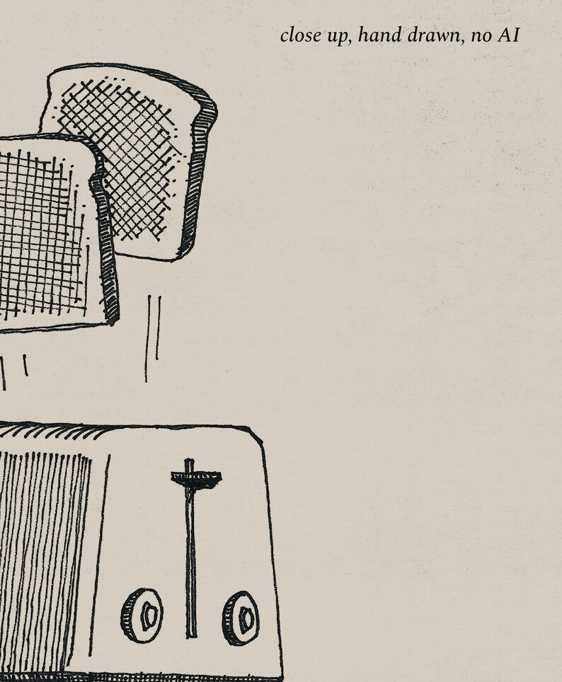 Puede incluir: Una ilustraci&oacute;n dibujada a mano de una tostadora con dos rebanadas de pan que salen disparadas. La tostadora tiene una palanca y dos botones. El pan est&aacute; a cuadros.