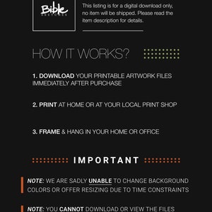 May include: A black and white image with text that reads "INSTANT DOWNLOAD" and "HOW IT WORKS?" with instructions for downloading and printing printable artwork files. The text also reads "IMPORTANT" with notes about the artwork files, including that the background colors cannot be changed and that the files cannot be downloaded or viewed on a mobile phone.