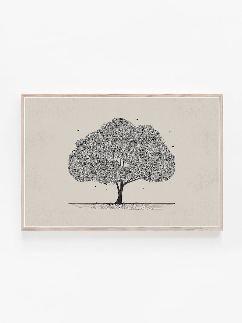 May include: A black and white line drawing of a tree with birds flying around it. The tree is in the centre of the image and has a thick trunk and many branches. The birds are small and flying in a loose formation. The background is a light beige colour.