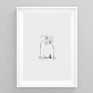 May include: A black and white line drawing of a person sitting on a bench under two palm trees.