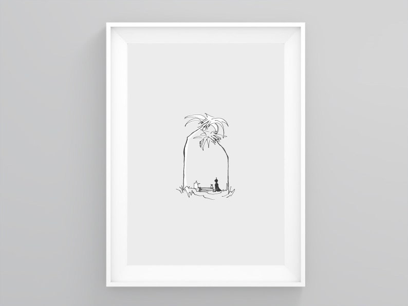 May include: A black and white line drawing of a person sitting on a bench under two palm trees.