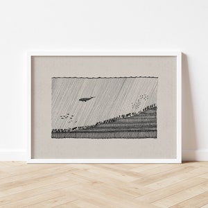 May include: A black and white line drawing of a whale swimming above a school of fish. The fish are swimming towards a shoreline with a line of people walking along the beach.