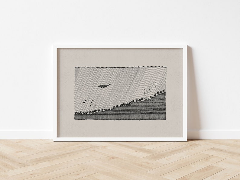 May include: A black and white line drawing of a whale swimming above a school of fish. The fish are swimming towards a shoreline with a line of people walking along the beach.