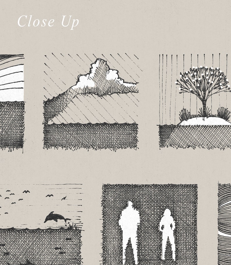 May include: A collection of black and white pen and ink drawings. The drawings depict a cloudy sky, a tree, a dolphin jumping out of the water, and two people standing side by side. The drawings are on a light brown background.