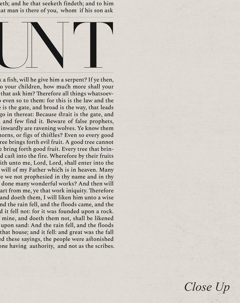 May include: A black and white image of a page from a book with the word "UNT" in large, bold letters at the top of the page. The text on the page is a passage from the Bible, with the words "false prophets" and "ravening wolves" highlighted.