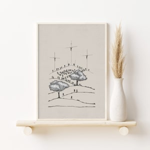 May include: A black and white line drawing of a hill with three crosses at the top. There are many small figures of people walking up the hill towards the crosses. There are two trees on the hill.