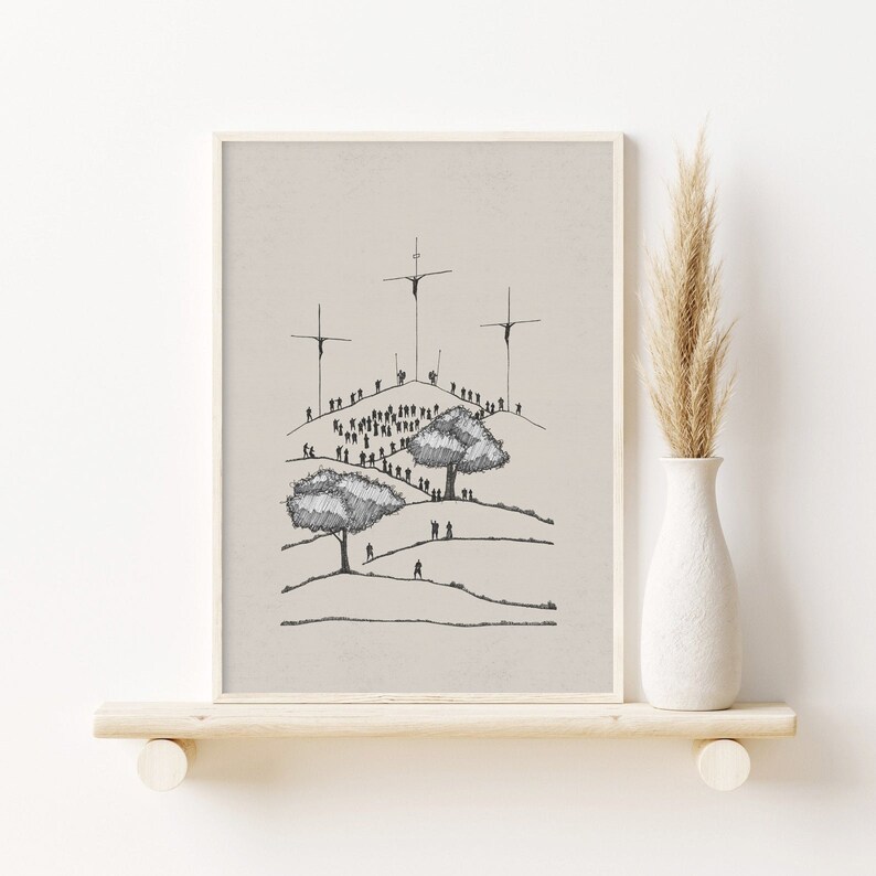 May include: A black and white line drawing of a hill with three crosses at the top. There are many small figures of people walking up the hill towards the crosses. There are two trees on the hill.