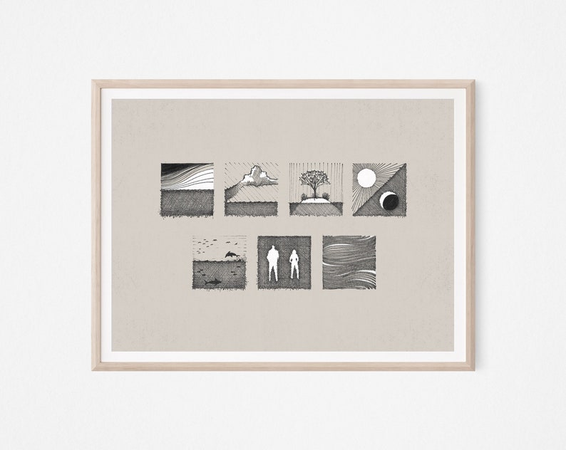 May include: A black and white illustration of a series of nine squares, each containing a different abstract design. The designs include a cloud, a tree, a sun and moon, a wave, and a person.