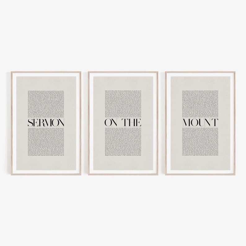 May include: Three framed prints with a beige background and black text. The text on the prints reads "SERMON", "ON THE", and "MOUNT".