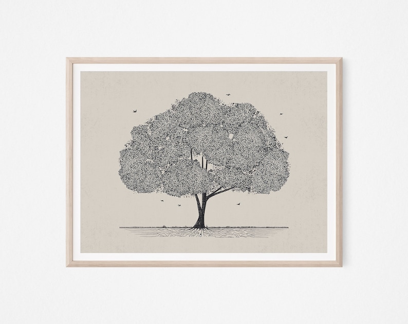 May include: A black and white line drawing of a tree with a thick trunk and many branches. The tree is surrounded by a light brown background and small birds are flying around it.
