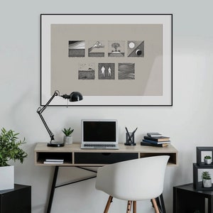 May include: A black framed print of a minimalist line drawing of nine different scenes, including a sunset, a cloud, a tree, a person, and waves. The print is hanging on a white wall above a desk with a laptop, a lamp, and a chair.