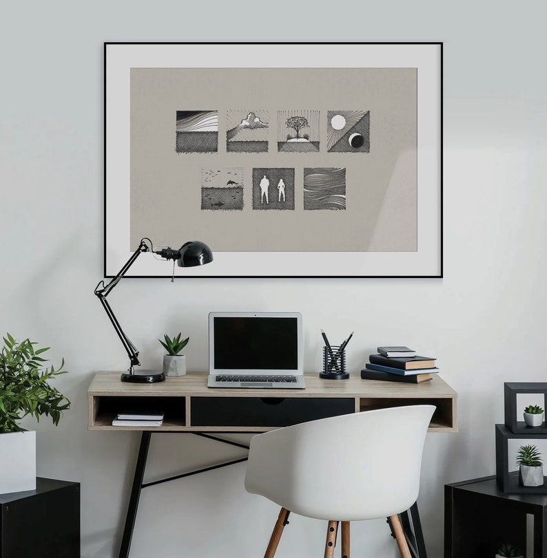 May include: A black framed print of a minimalist line drawing of nine different scenes, including a sunset, a cloud, a tree, a person, and waves. The print is hanging on a white wall above a desk with a laptop, a lamp, and a chair.