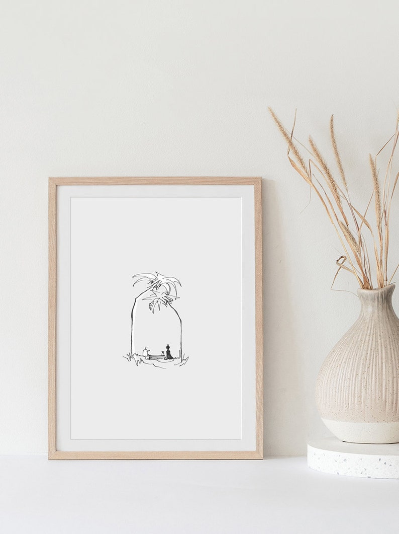May include: A black and white line drawing of a person sitting under a palm tree. The drawing is framed in a light wood frame and is displayed on a white wall.