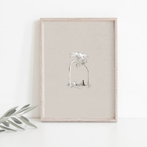May include: A black and white line drawing of a palm tree with two figures sitting under it, framed in a light brown wood frame.