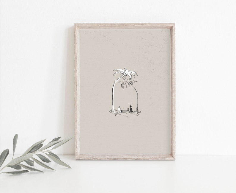 May include: A black and white line drawing of a palm tree with two figures sitting under it, framed in a light brown wood frame.