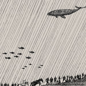 May include: A black and white illustration of a whale pulling a cart with people on it. The whale is flying in the air and there are small fish swimming below it. The text "Close Up" is at the top of the image.