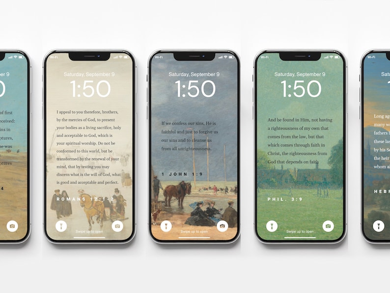 Pu&ograve; includere: Cinque schermate di iPhone che mostrano diversi versetti biblici con un'immagine sfocata di sfondo di un dipinto. I versetti sono tratti da Romani 12:1, 1 Giovanni 1:9, Filippesi 3:9 ed Ebrei 11:16. L'ora su ogni schermo &egrave; 1:50.