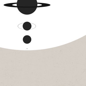 May include: A black and white illustration of a solar system with a large planet with rings, a smaller planet with a ring, and a small planet. The text "Close Up" is at the bottom of the image.