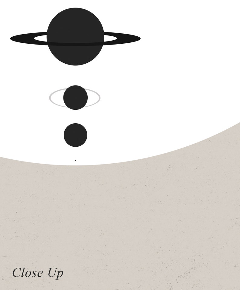 May include: A black and white illustration of a solar system with a large planet with rings, a smaller planet with a ring, and a small planet. The text "Close Up" is at the bottom of the image.