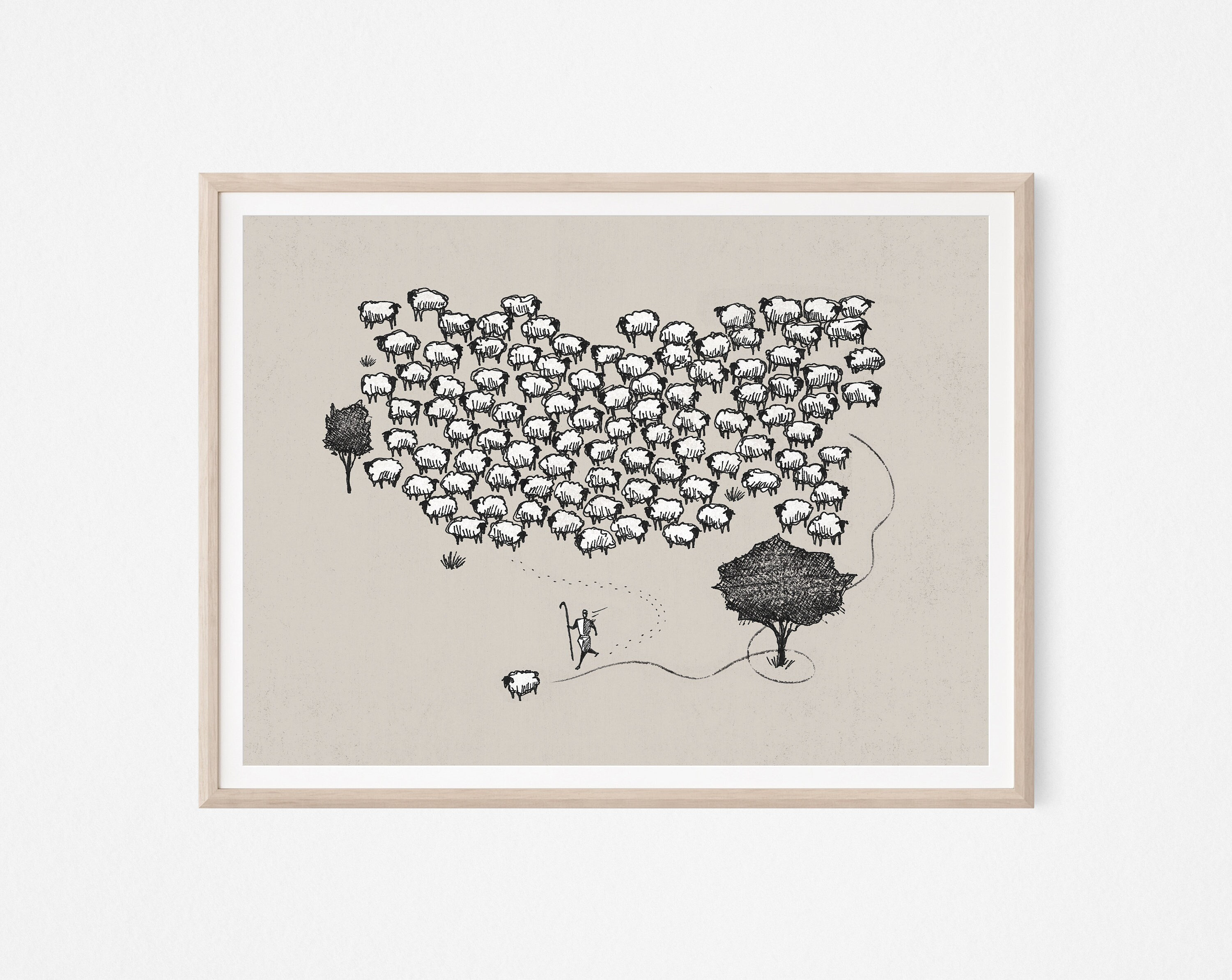 Jesus Leaves the 99, DIGITAL PRINT, Landscape, Jesus Art, Bible Art, Jesus Good Shepherd, WALL Art, Rejoices over One Lost Sheep