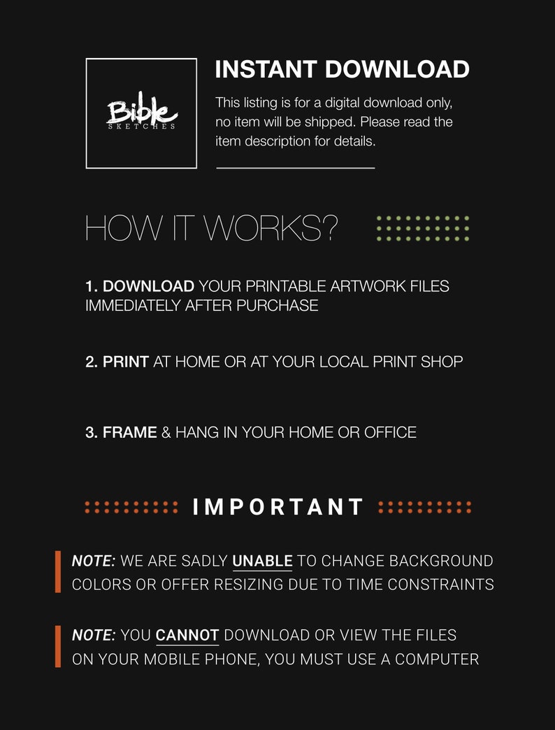 Może przedstawiać: Czarno-biały obraz z tekstem "INSTANT DOWNLOAD" i "HOW IT WORKS?" z instrukcjami dotyczącymi pobierania i drukowania plik&oacute;w z grafiką do wydruku. Tekst zawiera r&oacute;wnież "IMPORTANT" z uwagami dotyczącymi plik&oacute;w graficznych.