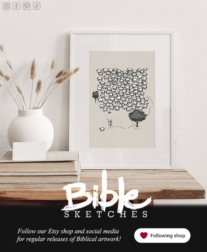 May include: A black and white illustration of a flock of sheep with a shepherd and a tree. The illustration is framed and displayed on a wooden table with a vase of dried flowers. The text "Bible Sketches" is displayed below the frame.