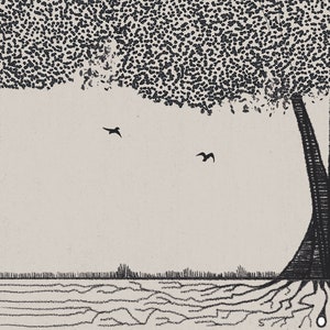 May include: Black and white illustration of a tree with roots and two birds flying above. The text "Close Up" is at the bottom of the image.