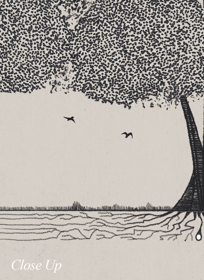 May include: Black and white illustration of a tree with roots and two birds flying above. The text "Close Up" is at the bottom of the image.