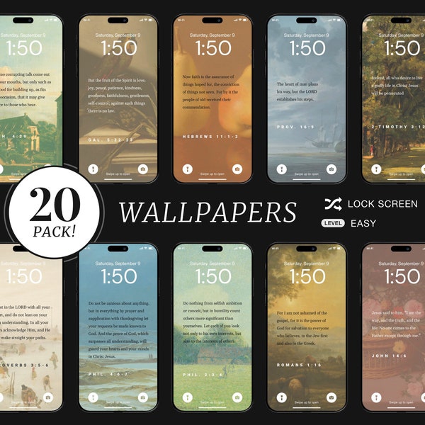 Bijbelvers Wallpaper Achtergrond, 20 Pack, Christelijke Lockscreen Telefoon Wallpaper Memorisatie, Shuffle Schriftschilderij Quotes, Android iOS