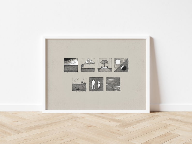 May include: A framed black and white illustration of six different scenes. The scenes include a landscape with a cloud, a tree on an island, a sun and moon, a sea with a bird, two figures standing, and a wavy line.