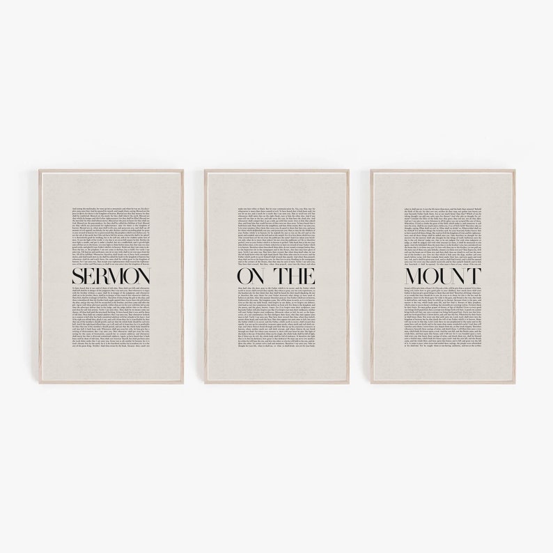 May include: Three beige framed prints with black text. The first print says "SERMON", the second print says "ON THE", and the third print says "MOUNT".