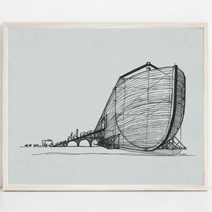 May include: A black and white line drawing of a large, curved building with a long, narrow structure extending from it. The building appears to be made of wood planks.
