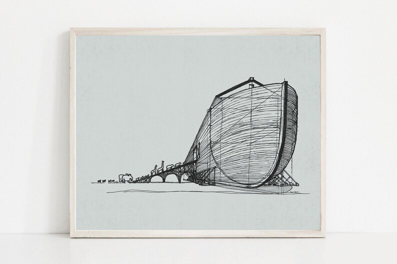 May include: A black and white line drawing of a large, curved building with a long, narrow structure extending from it. The building appears to be made of wood planks.