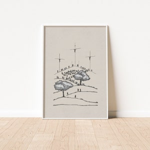May include: A black and white line drawing of a hill with three crosses at the top. There are people walking up the hill and a crowd gathered at the top. There are two trees on the hill.