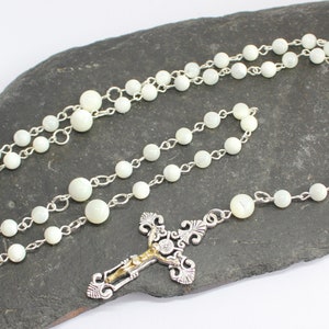 Mother of Pearl Shell Rosary Beads, Five Decade Rosary Beads with Crucifix, Mother of Pearl Catholic Rosary Beads