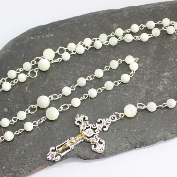 Mother of Pearl Shell Rosary Beads, Five Decade Rosary Beads with Crucifix, Mother of Pearl Catholic Rosary Beads