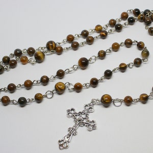 Tigers Eye Gemstone Rosary Beads, Five Decade Rosary Beads with Crucifix