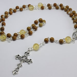 HolzSpitze Stein perlen und Citrin Edelstein Rosenkranz Perlen, Fünf Dekade Rosenkranz Perlen mit Kruzifix, Citrin katholische Rosenkranz Perlen